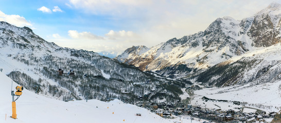 Panorama of Breuil Cervinia ski village in Alps. Mountains in winter