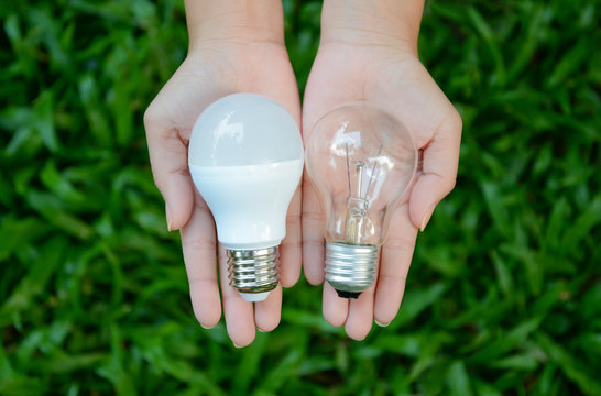 LED and Fluorescent bulb comparing on woman hand for alternative technology concept