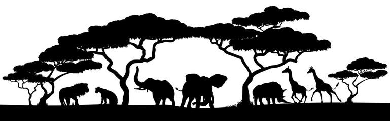 Silhouette African Safari Animal Landscape Scene - obrazy, fototapety, plakaty