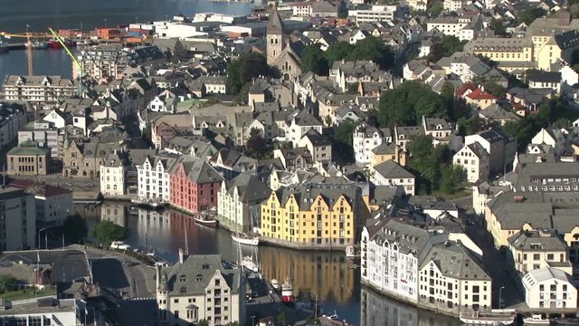 Elevated view of the Art Nouveau architecture of Alesund, Norway taken from Aksla