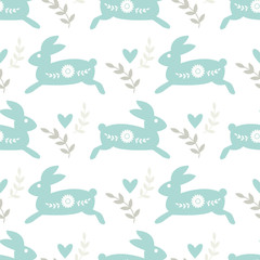 Seamless Pattern with Traditional Folk Motif with Rabbits