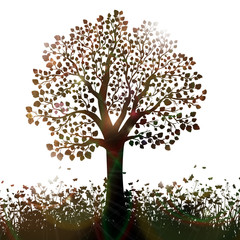 Silhouette of tree with leaves and grass vector background