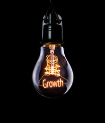 Hanging lightbulb with glowing Growth concept.