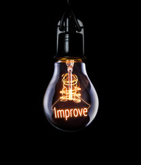 Hanging lightbulb with glowing Improve concept.