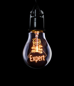 Hanging lightbulb with glowing Expert concept.