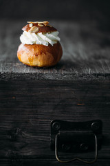 Fresh baked homemade buns on the table for breakfast Baking traditional Swedish semla bread
