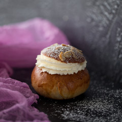 Fresh baked homemade buns on the table for breakfast Baking traditional Swedish semla bread