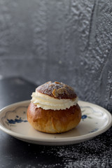 Semla traditional swedish homemade sweet roll bun baked in various forms in the Nordic countries on Shrove Monday and Shrove Tuesday