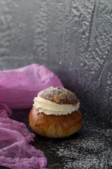 Semla traditional swedish homemade sweet roll bun baked in various forms in the Nordic countries on Shrove Monday and Shrove Tuesday