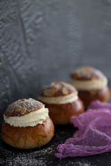 Semla traditional swedish homemade sweet roll bun baked in various forms in the Nordic countries on Shrove Monday and Shrove Tuesday