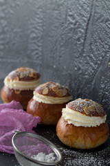 Semla traditional swedish homemade sweet roll bun baked in various forms in the Nordic countries on Shrove Monday and Shrove Tuesday