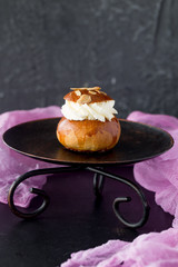 Fresh baked homemade buns on the table for breakfast Baking traditional Swedish semla bread