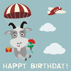 Happy birthday! Funny goat fly on parachute with gift and flower. Birthday card with goat in cartoon style.