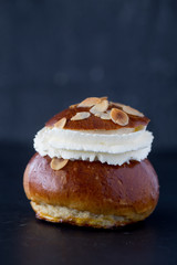Fresh baked homemade buns on the table for breakfast Baking traditional Swedish semla bread