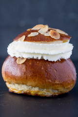 Fresh baked homemade buns on the table for breakfast Baking traditional Swedish semla bread