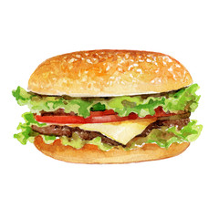 Watercolor Burger with meat and cheese isolated on white background.