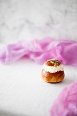 Semla traditional swedish homemade sweet roll bun baked in various forms in the Nordic countries on Shrove Monday and Shrove Tuesday