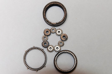 Large and small metal gears.