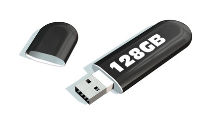 black 128 GB USB Flash Memory Drives isolated on white