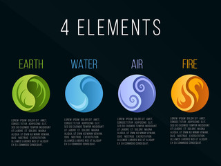 Nature 4 elements in circle yin yang abstract icon sign. Water, Fire, Earth, Air. on dark background. - obrazy, fototapety, plakaty