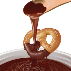 A wooden spoon pours chocolate topping over a large breaded pretzel as the excess pores back into a bowl of chocolate.