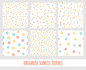 Set of seamless vector free hand multicolored baby doodle textures, dry brush ink art.