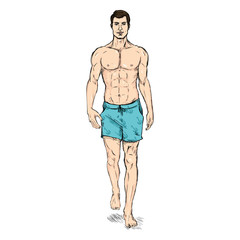 Vector Sketch Fashion Male Model in Blue Beach Shorts