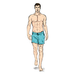 Fototapeta premium Vector Sketch Fashion Male Model in Blue Beach Shorts
