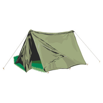 Old style army  beigh pup tent pitched on some grass with one open flap & dark interior