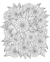 Hand drawn zentangle flowers and leaves for adult anti stress.