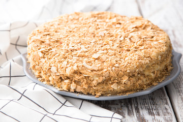 Homemade cake Napoleon, puff pastry custard cream pie