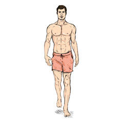 Fototapeta premium Vector ketch Fashion Male Model in Blue Beach Shorts
