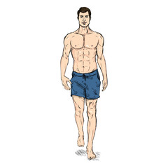 Fototapeta premium Vector ketch Fashion Male Model in Blue Beach Shorts