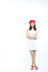 Obraz premium pretty young brunette caucasian smiling woman with red basque on white background