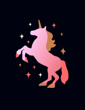 Vector illustration with unicorn rearing up silhouette. Cartoon magic illustration