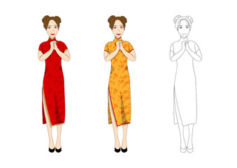 Chinese Woman in Traditional Red Qipao Dress. New Year People Greeting. Vector Illustration. isolated on white Background.