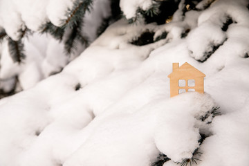 symbol of the house stands on a snow-covered fir branches 