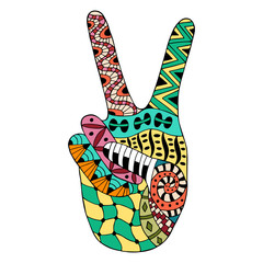 Hand drawn hippie peace symbol for anti stress colouring page. - obrazy, fototapety, plakaty