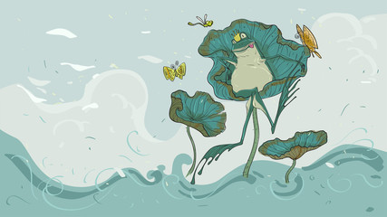 The frog on a lotus leaf relaxed have a crown on the head, illustrations for books, cards, wallpapers for interior decoration, pictures of fantasy and idealism. © Huza Studio