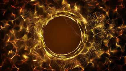 Dark gold yellow and glow particle circle abstract background wi