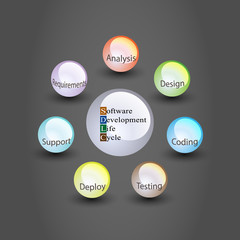 Software development lifecycle concept and different phases of SDLC are written in text on spear, vector infographics
