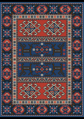 Vintage ethnic carpet with  stylized ornament in red and blue colors
