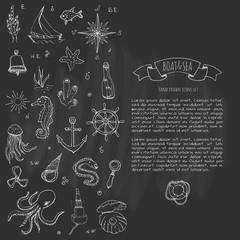 Hand drawn doodle Boat and Sea icons set. Vector illustration. Sea life concept elements. Ship symbols collection Marine life Nautical design Underwater life Sea animals Sea map Spyglass Magnifier