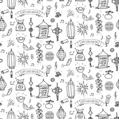 Seamless pattern Hand drawn doodle Happy Chinese New Year icons set. Vector illustration. Asian lunar festival collection. Cartoon sketch celebration elements: firecracker, golden coin envelope dragon