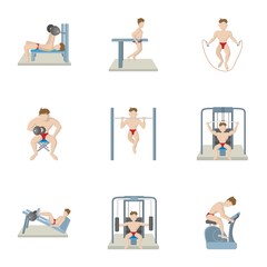 Exercises in gym icons set, cartoon style