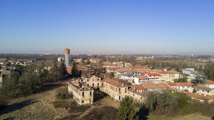 Villa Medolago Rasini, Limbiate 18 gennaio 2017, vista aerea della villa del ‘700 dopo l’incendio del 6 gennaio. Tetto bruciato e villa in stato di abbandono. Italia