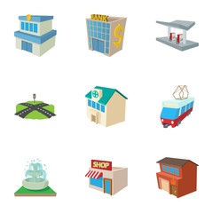 Public building icons set, cartoon style
