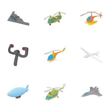 Aircraft icons set, cartoon style