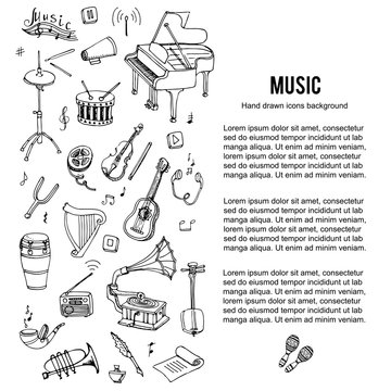 Hand drawn doodle Music set. Vector illustration. Musical instrument and symbols icons collection. Cartoon sound elements: Notes, Piano, Guitar, Violin, Trumpet, Drum, Gramophone, Headphones, Cassette