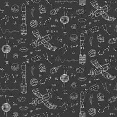 Seamless pattern Hand drawn doodle Space and Cosmos set. Vector illustration. Universe icons. Rocket, Space ship collection. Solar system, Planet, Galaxy, Milky Way, Astronaut. Tech freehand elements.